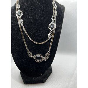 Sarah Coventry Necklace Silver Tone Black Stone Vintage Long Chain 36”